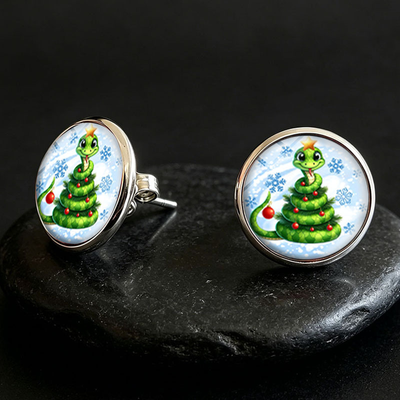 Green Snake Christmas Tree Round Stud Earrings